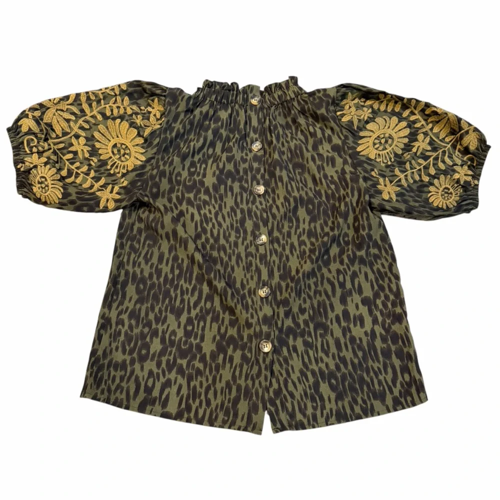 THML Olive Leopard Print Blouse w Tan Embroidered Puff Sleeves Size M - Picture 2 of 10